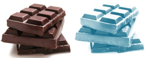 Two identical chocolate bars, one appetising brown and one unappetising blue