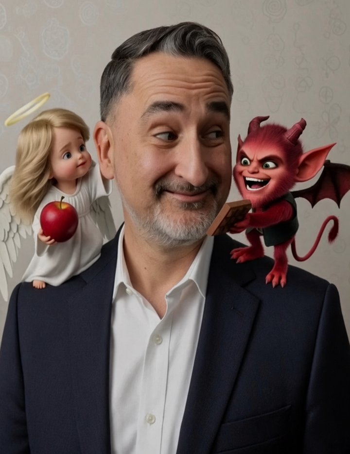 David Faratian with a cartoon angel offering an apple and a devil offering chocolate, illustrating food temptation